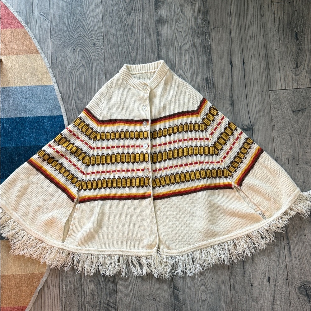 Vintage Cream Knit Poncho with Fringe